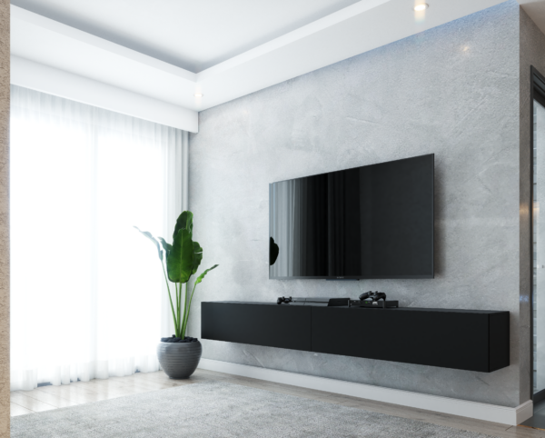 Stijlvol TV meubel van spaanplaat in een moderne woonkamer.
